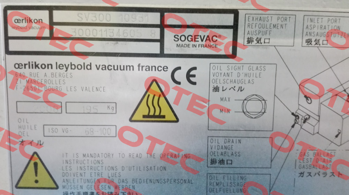 Plate Valves For Vacuum PumpMOD: Sogevac SV 300 10931 LEYBOLD  Leybold