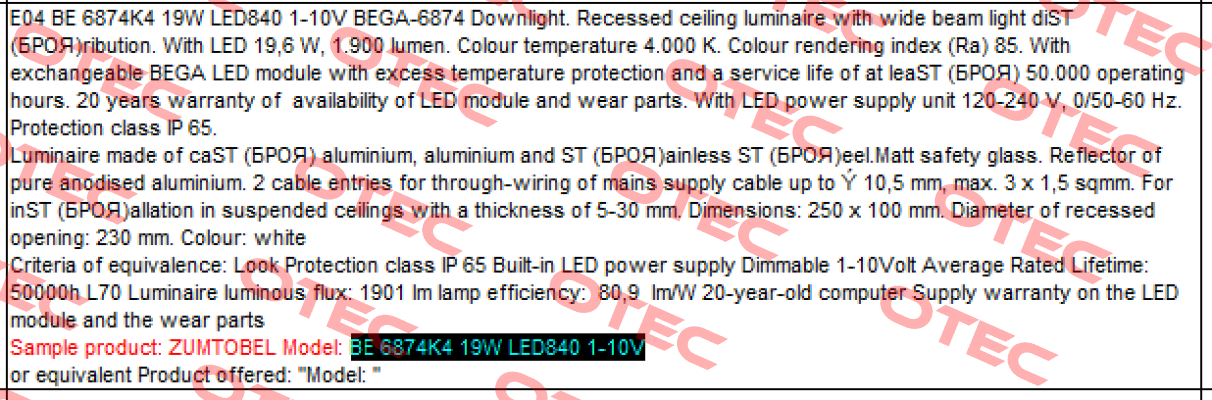 BE 6874K4 19W LED840 1-10V  Zumtobel