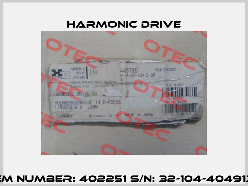 Item number: 402251 S/N: 32-104-404913-1  Harmonic Drive