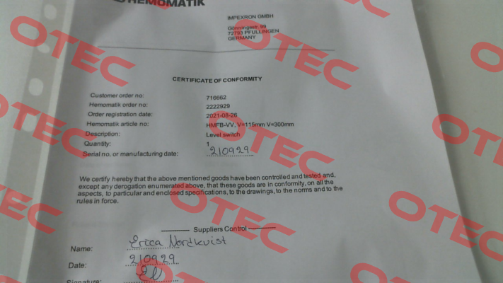 CERTIFICATE OF ORIGIN Hemomatik