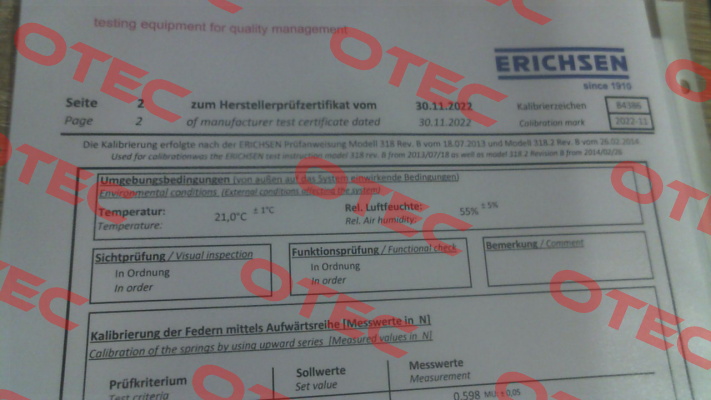 Calibration certificate for 00200131 Erichsen